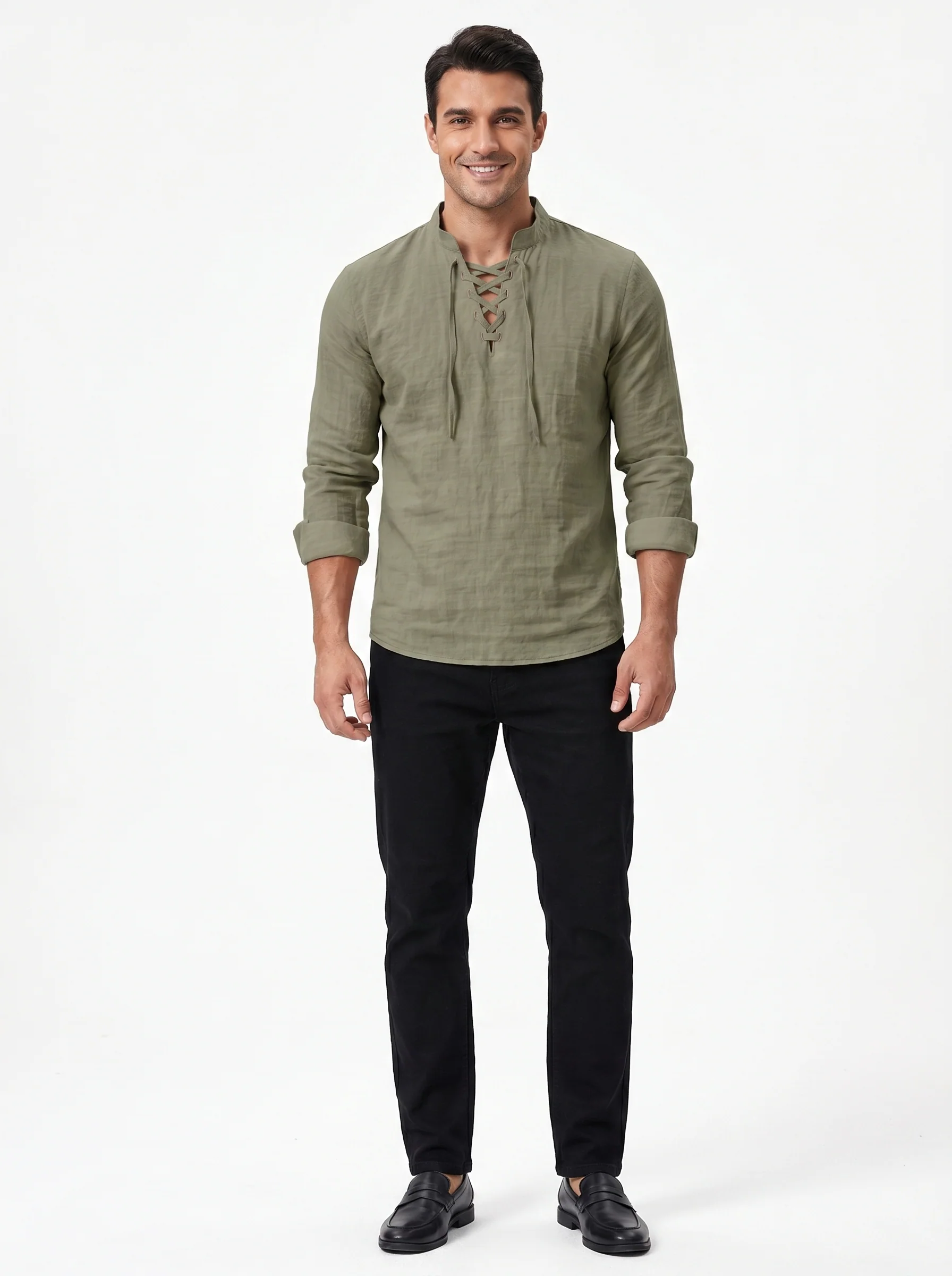 Drawstring Collar Linen Shirt - Lightweight Long Sleeve - Image 10