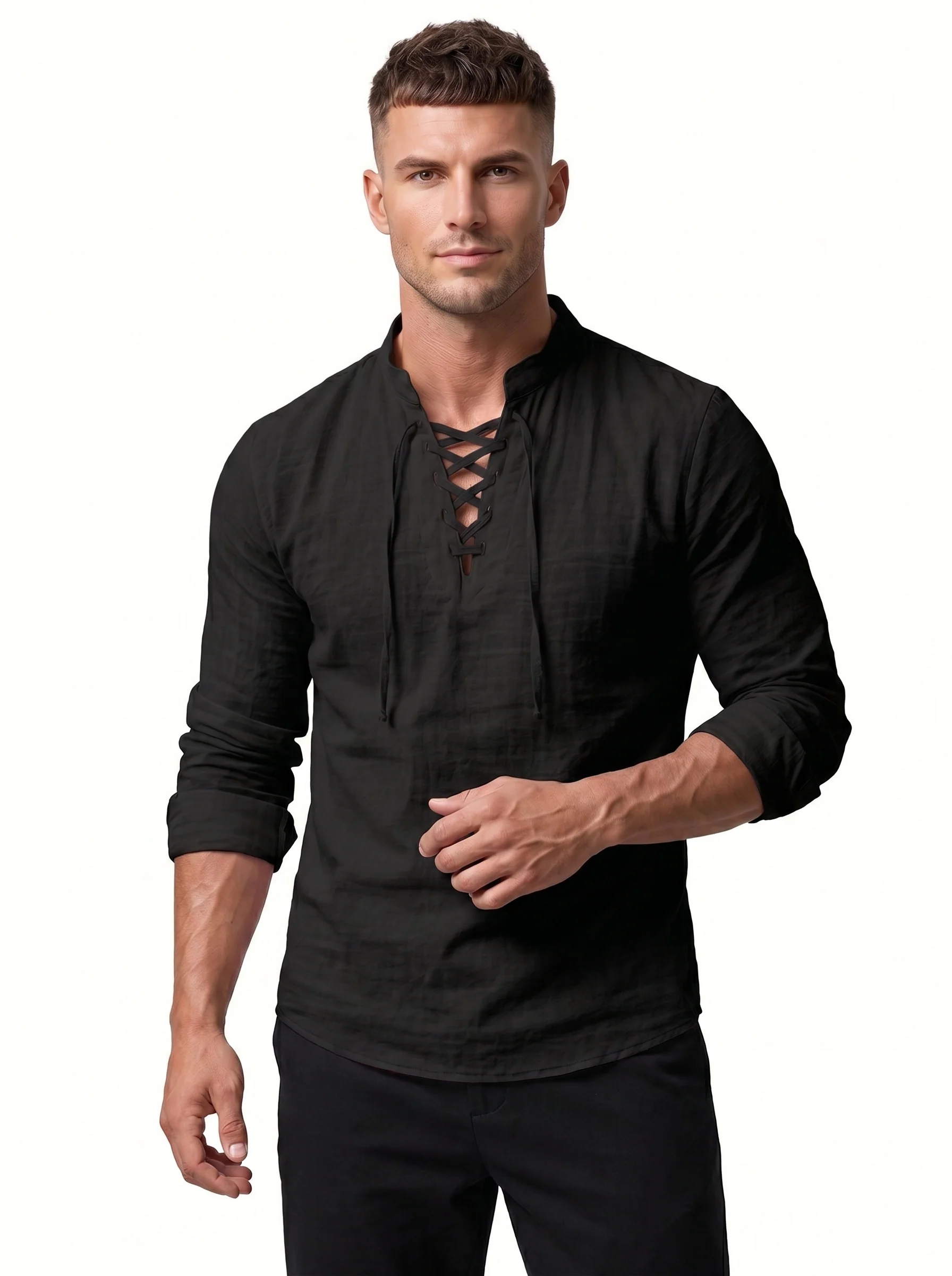 Drawstring Collar Linen Shirt - Lightweight Long Sleeve - Image 11