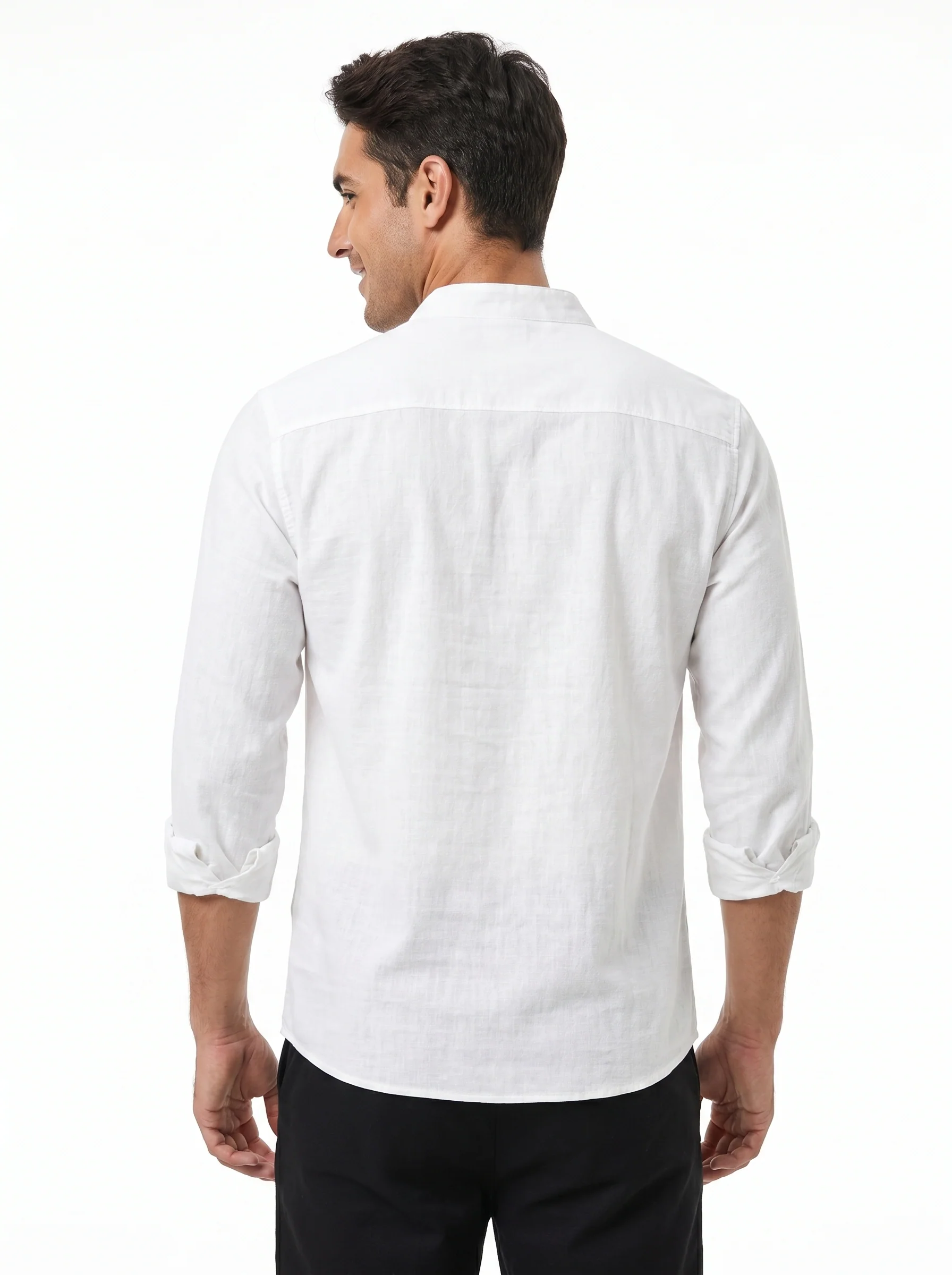 Drawstring Collar Linen Shirt - Lightweight Long Sleeve - Image 12
