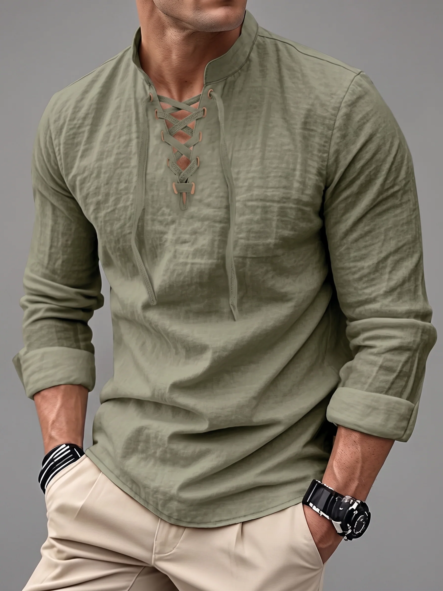 Drawstring Collar Linen Shirt - Lightweight Long Sleeve - Image 2