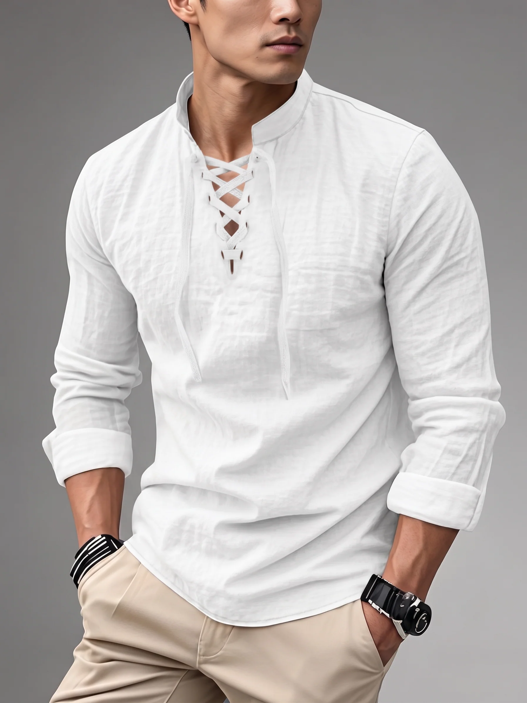 Drawstring Collar Linen Shirt - Lightweight Long Sleeve - Image 3