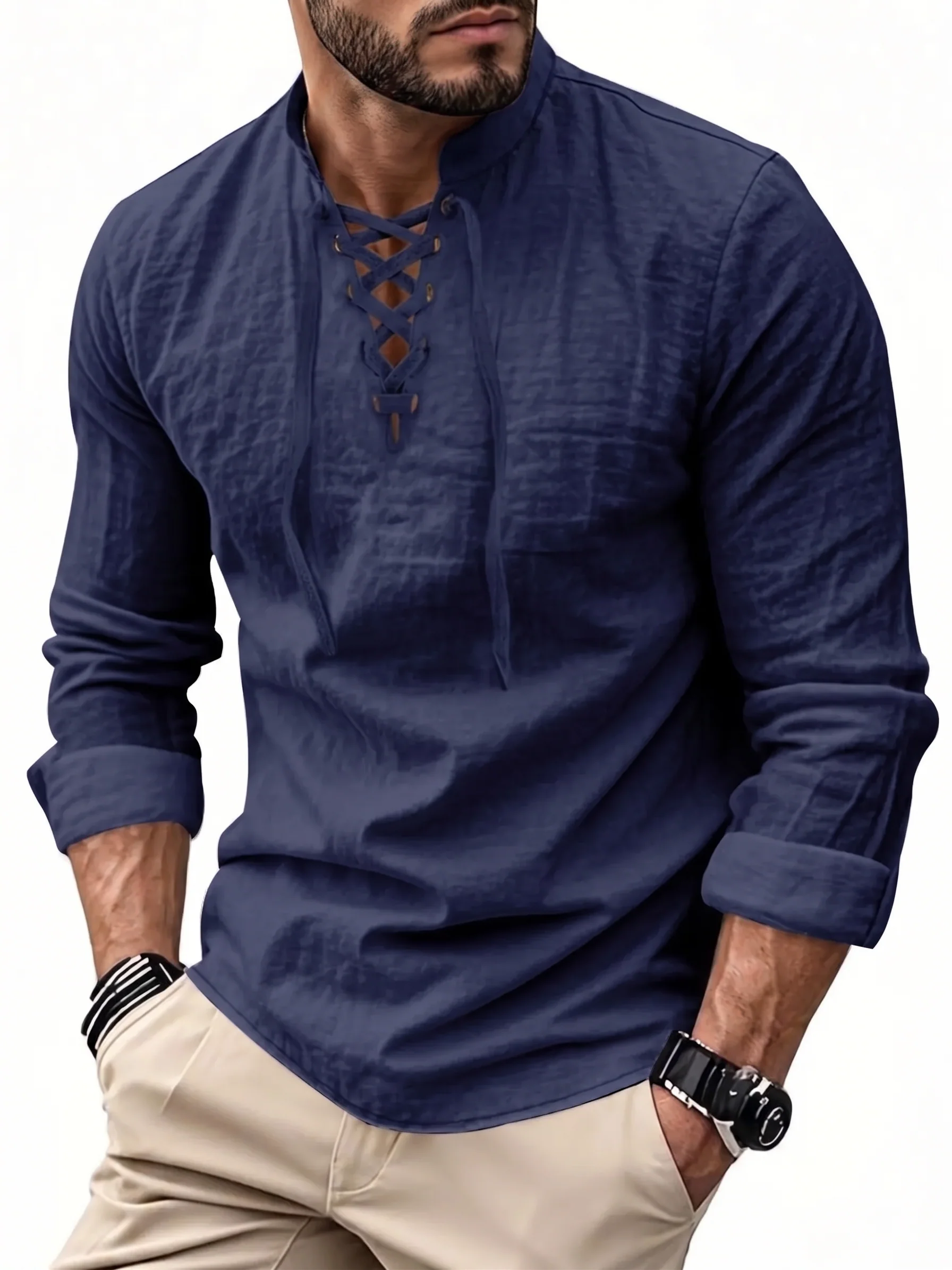 Drawstring Collar Linen Shirt - Lightweight Long Sleeve - Image 4