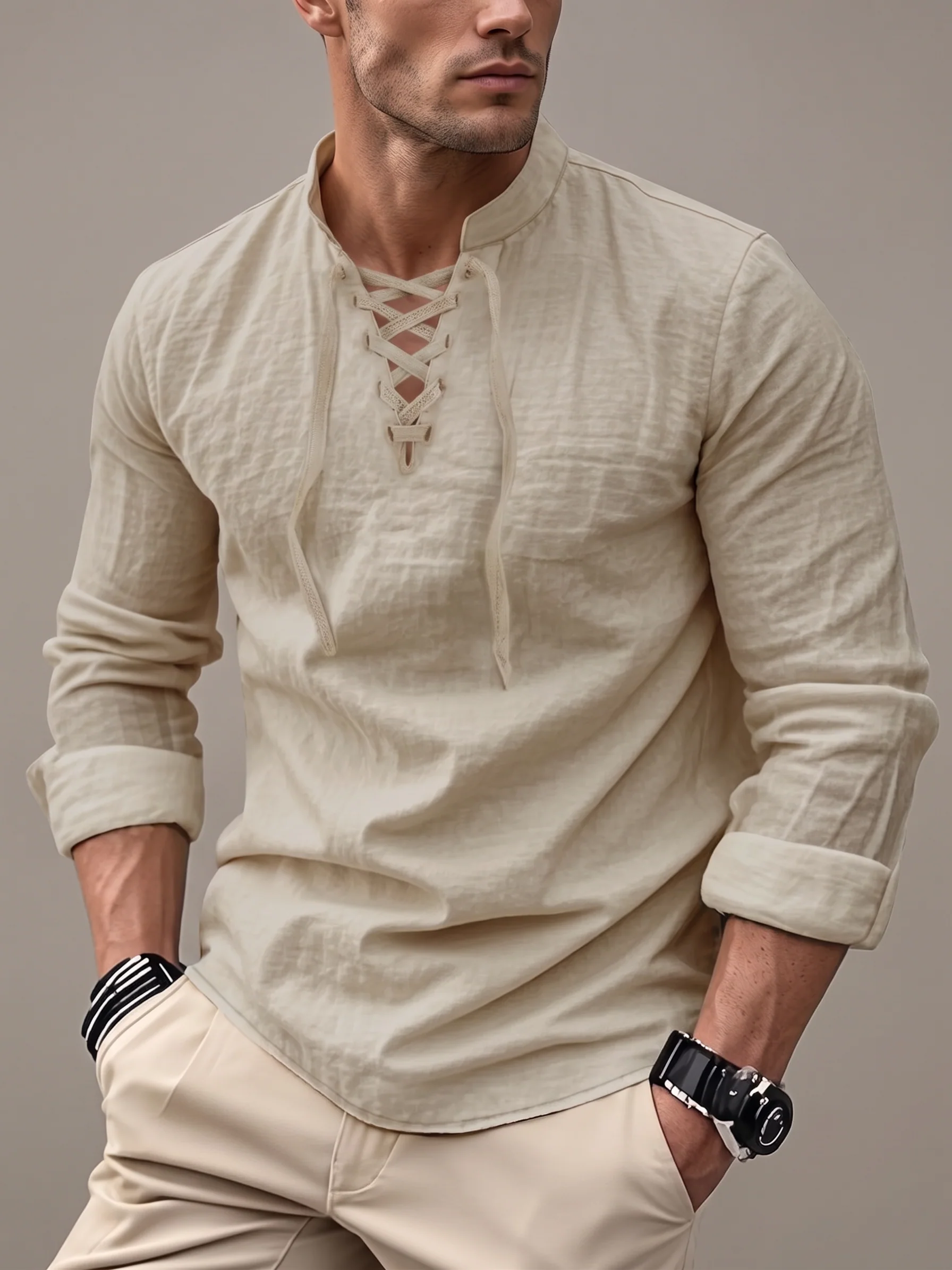 Drawstring Collar Linen Shirt - Lightweight Long Sleeve - Image 5