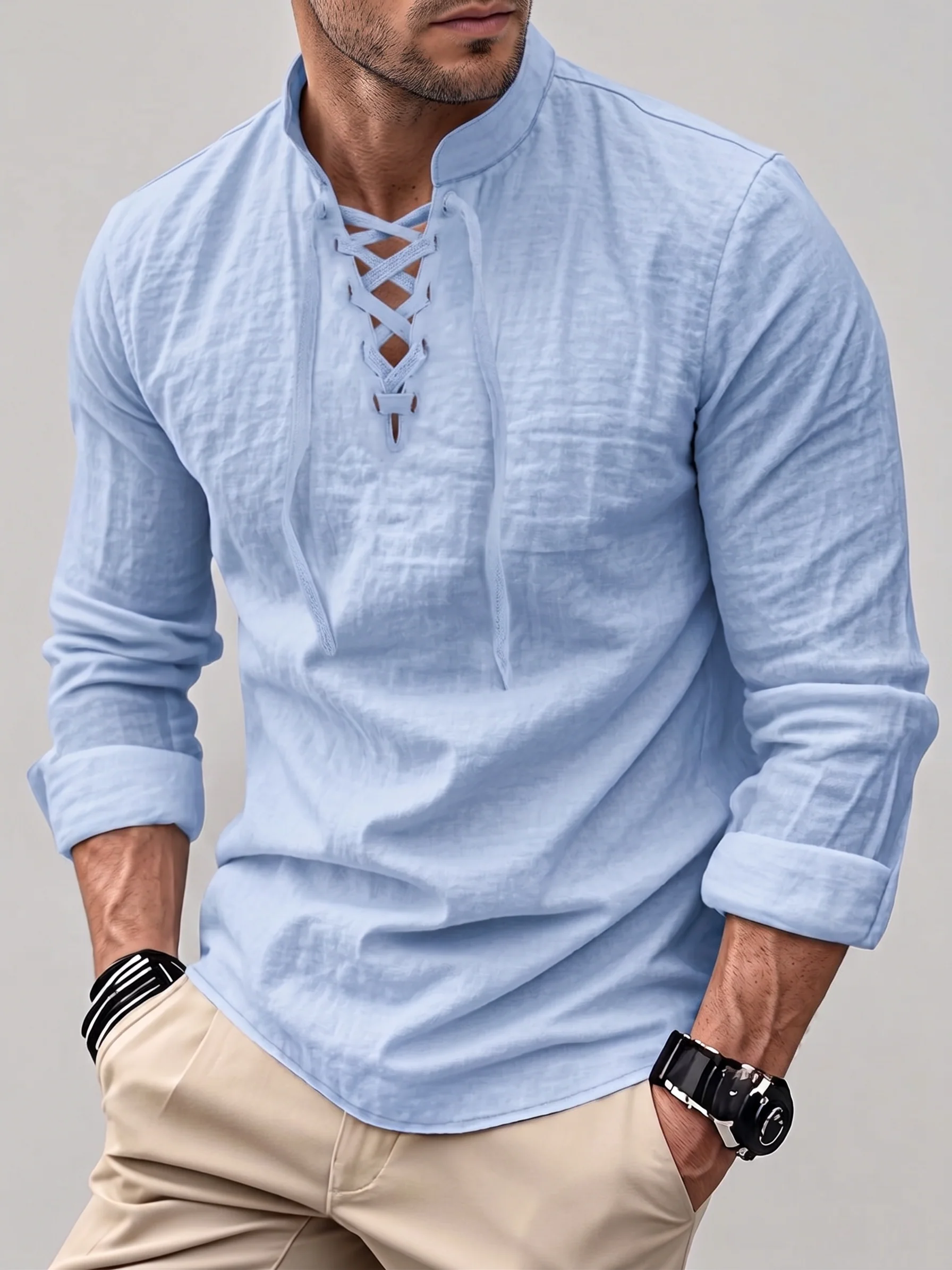 Drawstring Collar Linen Shirt - Lightweight Long Sleeve - Image 6