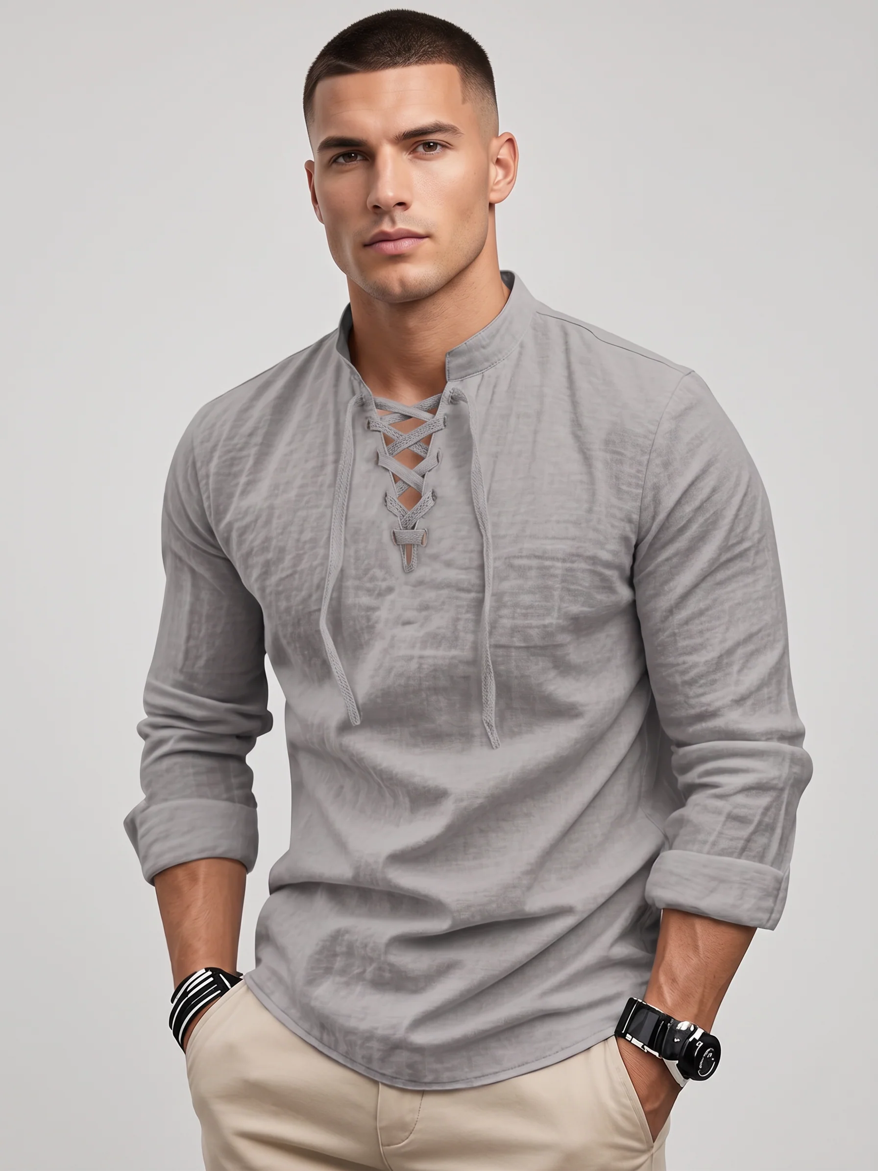 Drawstring Collar Linen Shirt - Lightweight Long Sleeve - Image 7