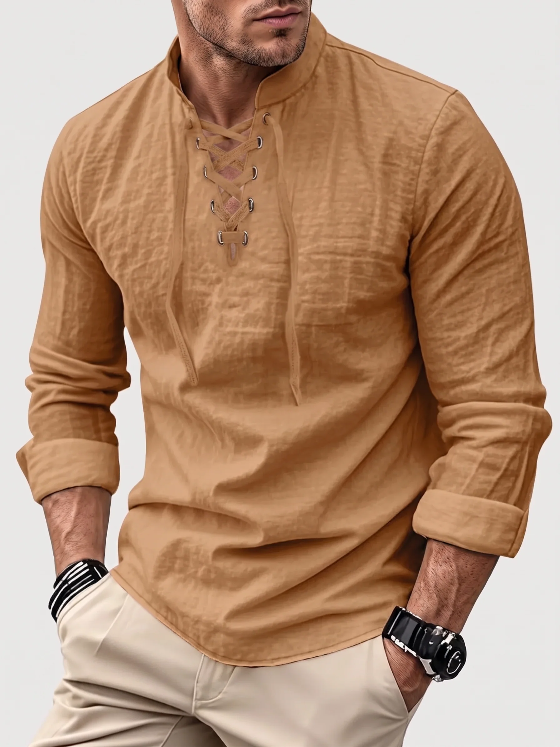 Drawstring Collar Linen Shirt - Lightweight Long Sleeve - Image 8