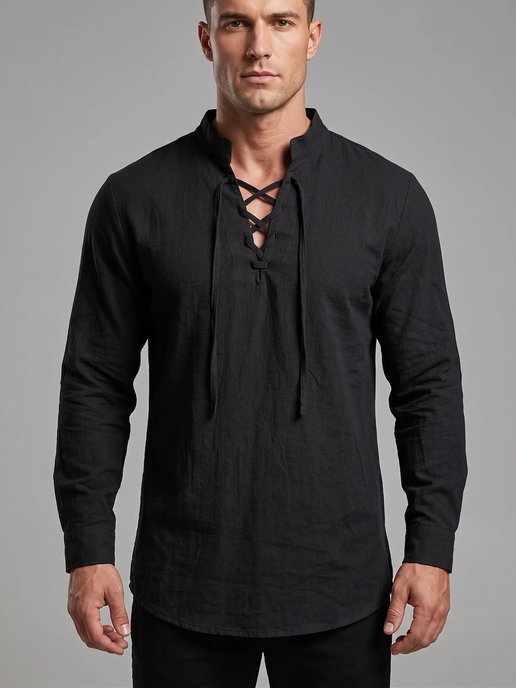 Drawstring Collar Linen Shirt - Lightweight Long Sleeve - Image 9